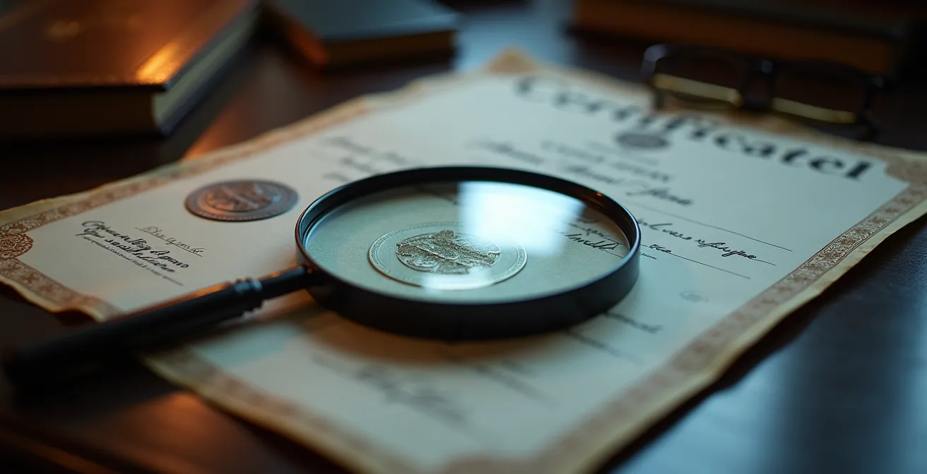 Main tenant une loupe au-dessus d'un certificat de conformité examinant des détails de validation