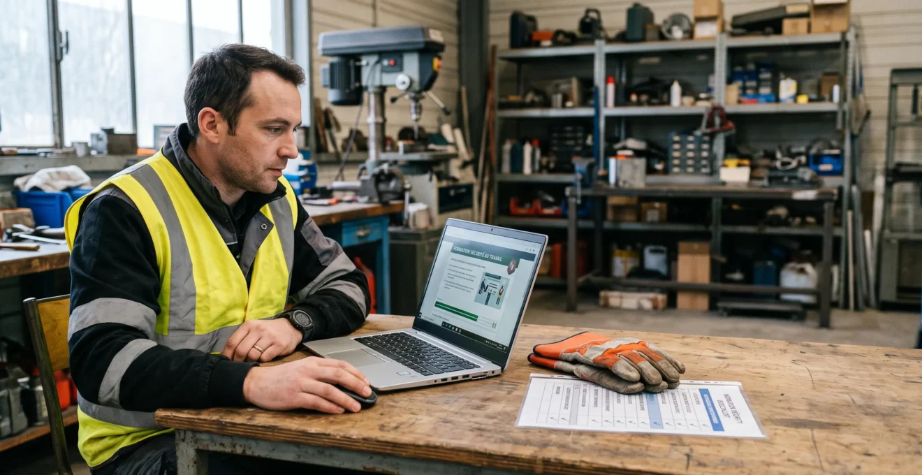 Un salarié en gilet haute visibilité suit une formation en ligne sur la santé et la sécurité au travail sur un ordinateur portable dans un atelier.