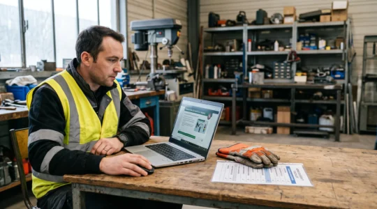 Un salarié en gilet haute visibilité suit une formation en ligne sur la santé et la sécurité au travail sur un ordinateur portable dans un atelier.